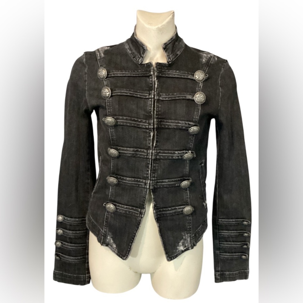 Free People/We The Free Black Military Style Distressed Jean Jacket Sz Small - Picture 8 of 15